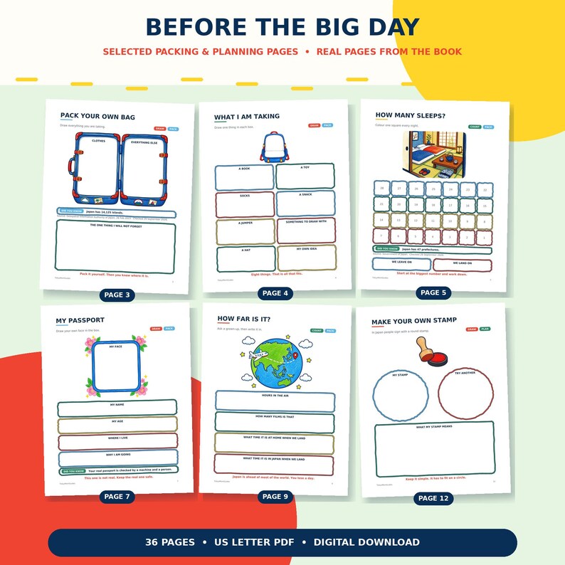 May include: A collection of six activity pages titled BEFORE THE BIG DAY, featuring packing and planning templates. Pages include PACK YOUR OWN BAG, WHAT I AM TAKING, HOW MANY SLEEPS, MY PASSPORT, HOW FAR IS IT, and MAKE YOUR OWN STAMP with illustrations.