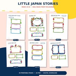 May include: Six printable journal pages titled Little Japan Stories, numbered 19 through 24. Each page features colorful borders, cartoon animal illustrations, and blank writing prompts with sections for dates and notes in a white A4 layout.