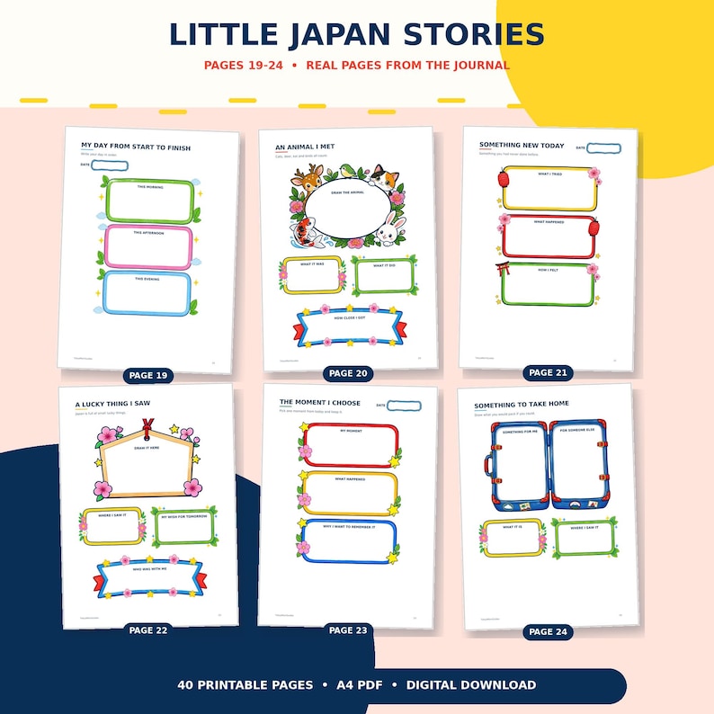 May include: Six printable journal pages titled Little Japan Stories, numbered 19 through 24. Each page features colorful borders, cartoon animal illustrations, and blank writing prompts with sections for dates and notes in a white A4 layout.