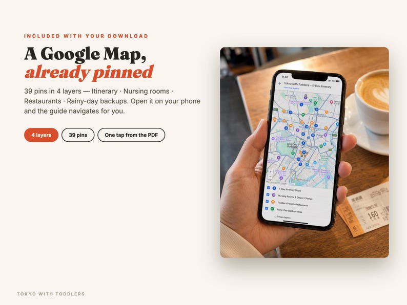 May include: A smartphone displaying a Google Map with multiple pins, accompanied by text: INCLUDED WITH YOUR DOWNLOAD, A Google Map, already pinned, 39 pins in 4 layers &mdash; Itinerary, Nursing rooms, Restaurants, Rainy-day backups, 4 layers, 39 pins, One tap from the PDF, TOKYO WITH TODDLERS.