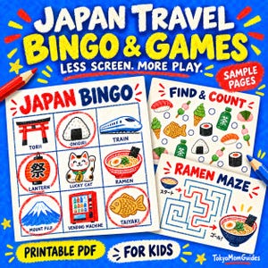 Puede incluir: Un set de bingo y juegos de viaje a Jap&oacute;n imprimible para ni&ntilde;os con hojas de actividades ilustradas que incluyen una tarjeta de bingo, un juego de buscar y contar, y un laberinto de ramen. El texto incluye Japan Travel Bingo & Games y TokyoMomGuides.