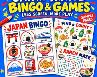 以下が含まれることがあります： 子供向けの印刷可能な日本旅行ビンゴとゲームセット。日本ビンゴカード、探し物と数えゲーム、ラーメン迷路が描かれたアクティビティシートが含まれています。テキストには「Japan Travel Bingo & Games」、「Less Screen. More Play.」、「TokyoMomGuides」と記載されています。