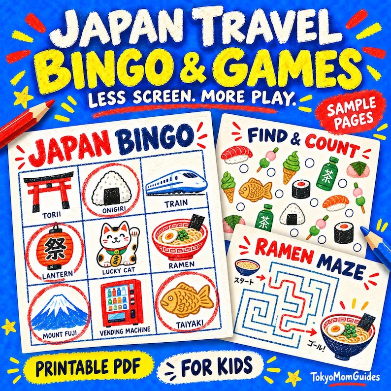 Puede incluir: Un set de bingo y juegos de viaje a Jap&oacute;n imprimible para ni&ntilde;os con hojas de actividades ilustradas que incluyen una tarjeta de bingo, un juego de buscar y contar, y un laberinto de ramen. El texto incluye Japan Travel Bingo & Games y TokyoMomGuides.