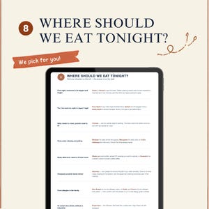 Peut inclure: Une tablette num&eacute;rique affichant un guide intitul&eacute; WHERE SHOULD WE EAT TONIGHT? avec une liste de sc&eacute;narios de restauration et de recommandations. Le texte inclut des cat&eacute;gories comme le d&eacute;calage horaire, les sushis et les mangeurs difficiles, avec une banni&egrave;re brune indiquant We pick for you!