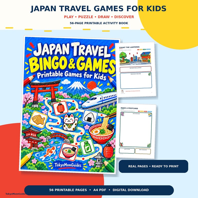 Puede incluir: Un libro de actividades imprimible de 56 p&aacute;ginas titulado Japan Travel Bingo & Games for Kids. La portada presenta ilustraciones coloridas del monte Fuji, un tren bala, una puerta torii, un maneki-neko y varios alimentos.