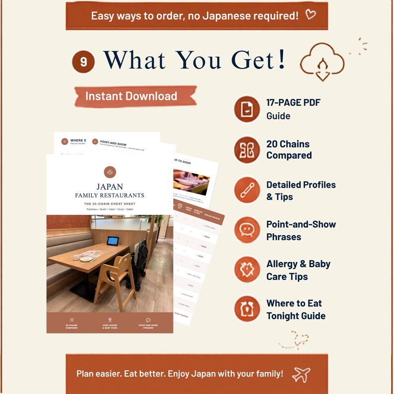 Peut inclure: Un guide PDF de 17 pages intitul&eacute; Japan Family Restaurants: The 26-Chain Cheat Sheet. Le document comprend des profils d&eacute;taill&eacute;s, des conseils, des phrases de pointage, des informations sur les allergies et les soins pour b&eacute;b&eacute;s, et un guide.
