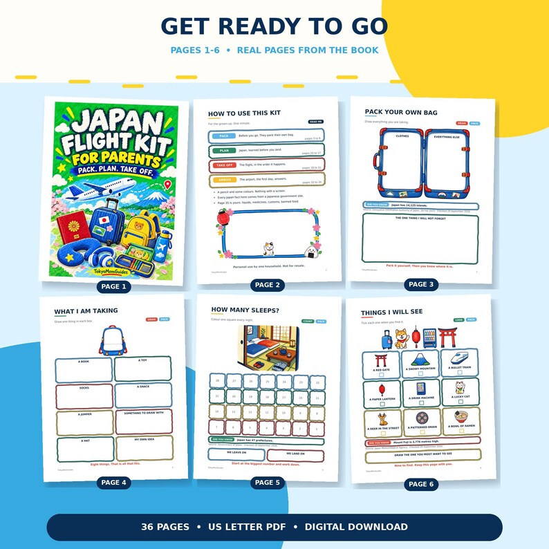 May include: A digital download of a 36-page Japan Flight Kit for parents, featuring six pages of travel planning activities. The pages include checklists, packing lists, countdown calendars, and visual guides for children to track items and sights.