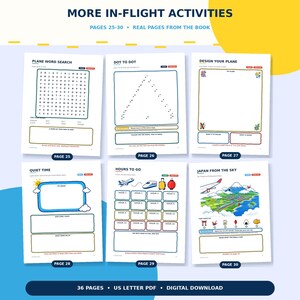 May include: Six activity book pages titled MORE IN-FLIGHT ACTIVITIES, numbered 25 through 30. Each page features white paper with black text, blue headers, and colourful illustrations including a word search, dot-to-dot, plane design, and Japan map.