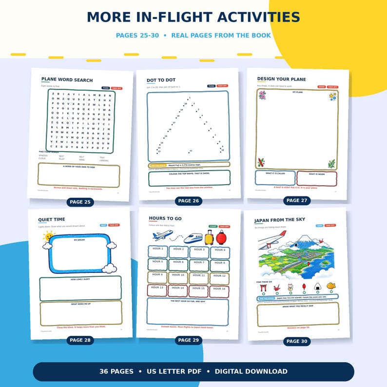 May include: Six activity book pages titled MORE IN-FLIGHT ACTIVITIES, numbered 25 through 30. Each page features white paper with black text, blue headers, and colourful illustrations including a word search, dot-to-dot, plane design, and Japan map.