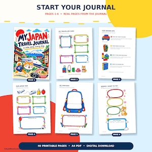 May include: A printable travel journal titled My Japan Travel Journal featuring six pages with colorful illustrations of a Shiba Inu, Mount Fuji, a bullet train, and various activity templates for recording trip details, personal information, and vocabulary.