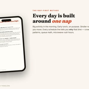 May include: A smartphone displaying a travel itinerary titled Day 2 - Ueno: The Zoo, Done Right. Next to it, text reads: The Nap-First Method. Every day is built around one nap. Big activity in the morning. Early lunch, on purpose. Stroller nap while you move.