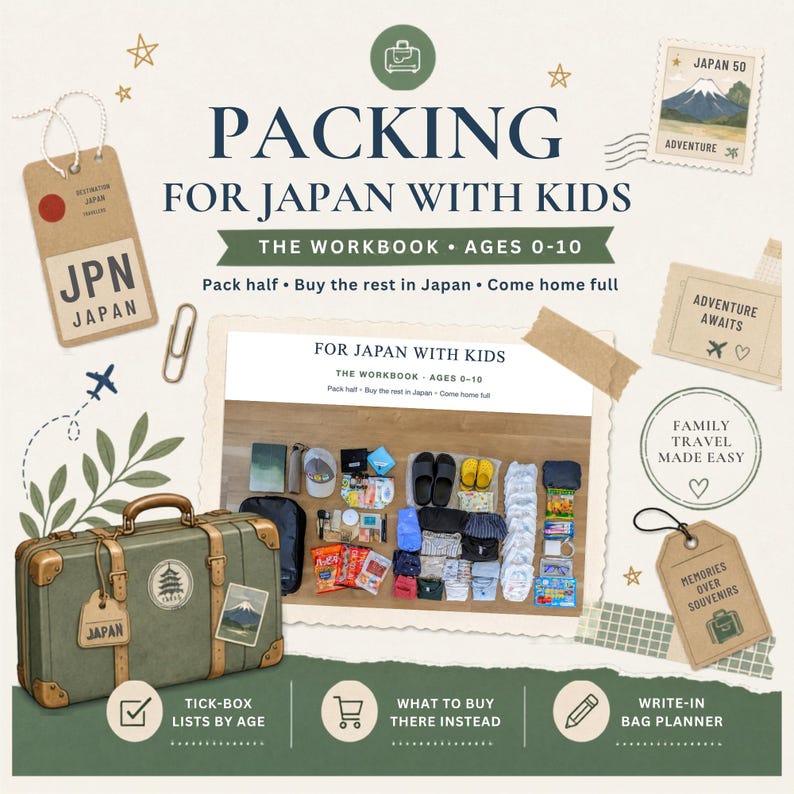 Op de afbeelding: Een digitaal werkboek getiteld Packing for Japan with Kids voor kinderen van 0-10 jaar, met een groene vintage koffer, reislabels en een foto van georganiseerde reisartikelen zoals kleding, toiletartikelen en snacks op een houten ondergrond.