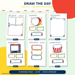 May include: Six printable journal pages titled DRAW THE DAY, numbered 13 through 18. Each page features colorful borders, blank boxes for writing or drawing, and specific prompts like MY GACHAPON PRIZE, TODAY'S ADVENTURE MAP, and MY VENDING MACHINE FIND.