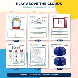May include: Six activity book pages titled Play Above The Clouds, numbered 19 through 24. The pages feature illustrations and text for tasks including Out Of The Window, Cloud Shapes, My Tray, Plane Bingo, The Way To Japan, and Spot The Difference.