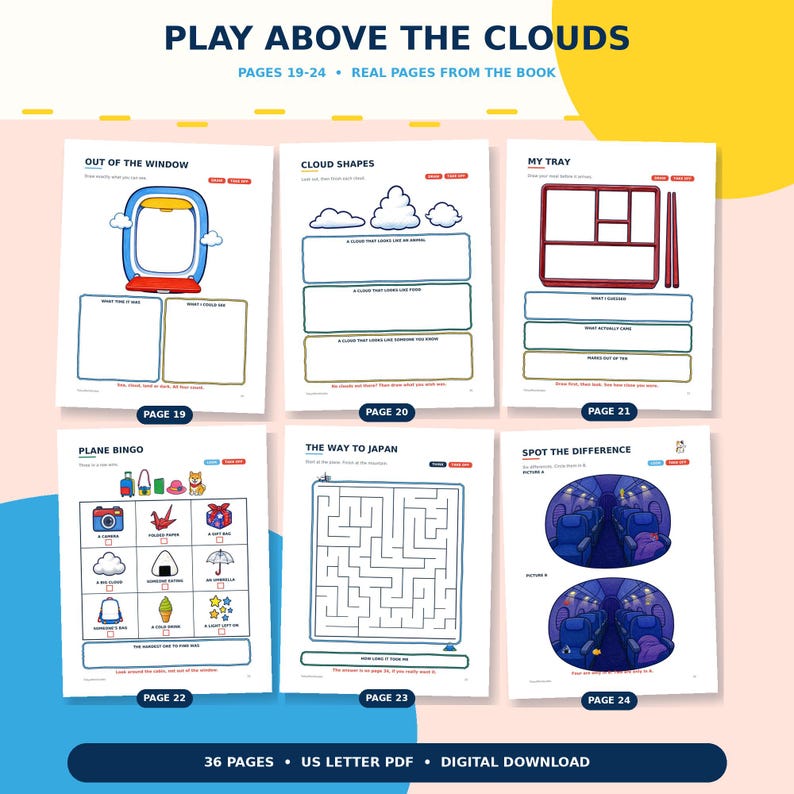 May include: Six activity book pages titled Play Above The Clouds, numbered 19 through 24. The pages feature illustrations and text for tasks including Out Of The Window, Cloud Shapes, My Tray, Plane Bingo, The Way To Japan, and Spot The Difference.