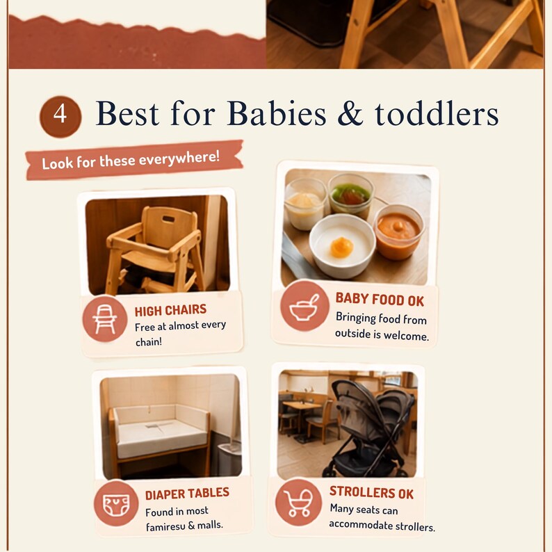 Peut inclure: Un graphique informatif intitul&eacute; Best for Babies & toddlers pr&eacute;sentant quatre sections : une chaise haute en bois, des bols de nourriture pour b&eacute;b&eacute;, une table &agrave; langer blanche et une poussette noire, avec des ic&ocirc;nes et du texte descriptif.