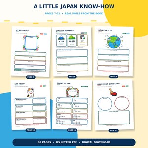 May include: A digital download of a children's activity book titled A LITTLE JAPAN KNOW-HOW, featuring pages 7 through 12. The pages include exercises like My Passport, Japan in Numbers, How Far Is It, Say Hello, Count to Ten, and Make Your Own Stamp.