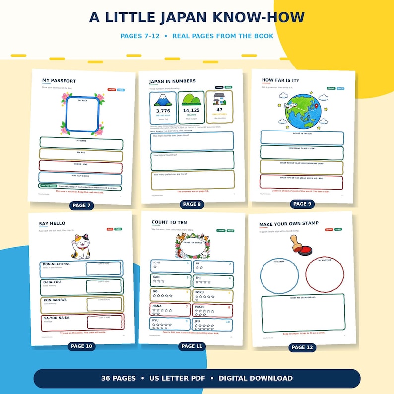 May include: A digital download of a children's activity book titled A LITTLE JAPAN KNOW-HOW, featuring pages 7 through 12. The pages include exercises like My Passport, Japan in Numbers, How Far Is It, Say Hello, Count to Ten, and Make Your Own Stamp.
