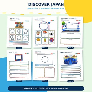 May include: A digital activity book titled Discover Japan featuring six pages labelled 13 through 18. The pages contain educational illustrations and text prompts about Japanese money, food, bullet trains, language phrases, flags, and airplane travel.