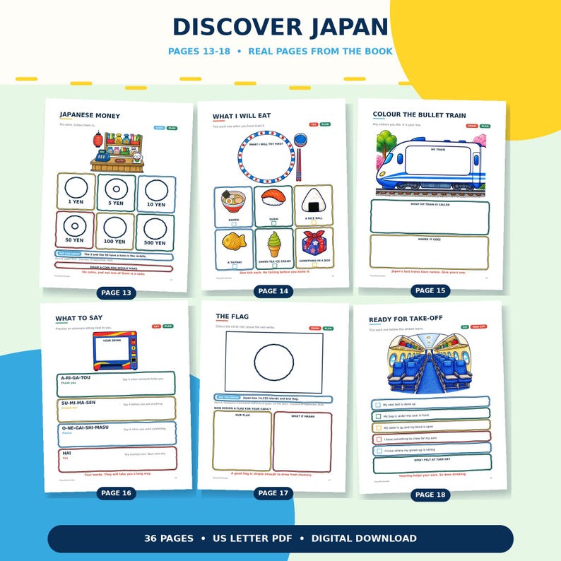 May include: A digital activity book titled Discover Japan featuring six pages labelled 13 through 18. The pages contain educational illustrations and text prompts about Japanese money, food, bullet trains, language phrases, flags, and airplane travel.