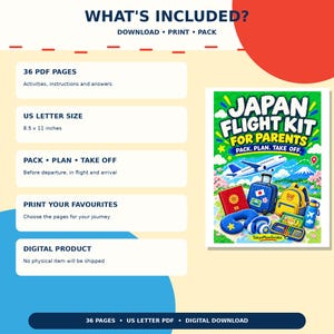 May include: A digital Japan Flight Kit for Parents guide featuring 36 PDF pages in 21.59 x 27.94 cm size. The cover displays an airplane, luggage, passport, neck pillow, headphones, and stationery set against a Mount Fuji background.