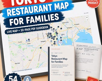 Puede incluir: Un mapa digital de restaurantes de Tokio para familias mostrado en una pantalla de tableta, acompañado de una guía en PDF de 30 páginas y un pequeño sello rojo. El mapa presenta numerosos marcadores de ubicación en Tokio, mientras que la portada de la guía muestra el título Tokyo Restaurant Map for Families y enumera 54 restaurantes.