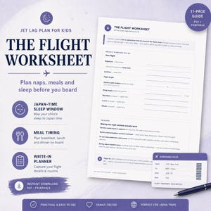 K&ouml;nnte beinhalten: Ein druckbarer 11-seitiger Jetlag-Plan f&uuml;r Kinder mit einem Flugarbeitsblatt, das Abschnitte f&uuml;r Abflug, Landung und Mahlzeiten enth&auml;lt. Das Dokument umfasst eine Bordkartengrafik, einen dunkelblauen Stift sowie Symbole f&uuml;r Schlaf und Planung.