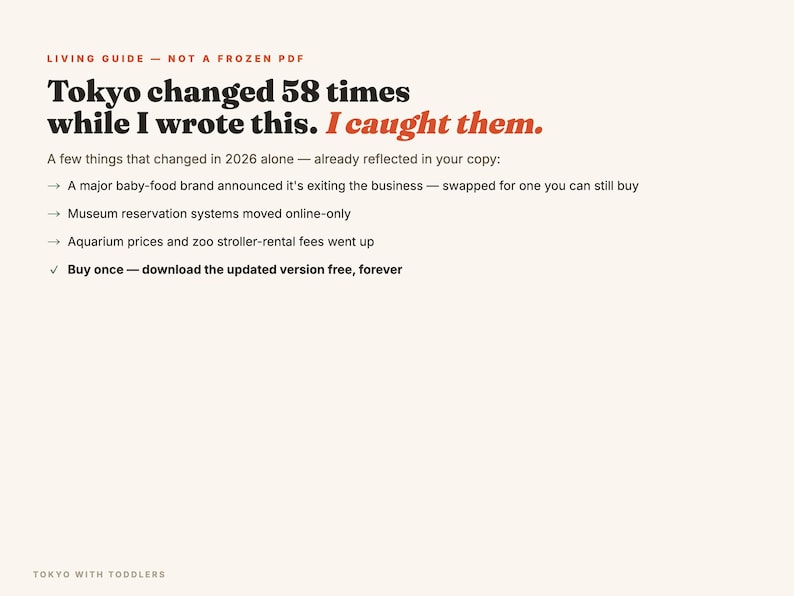 May include: A digital document titled Living Guide - Not a Frozen PDF, featuring text stating Tokyo changed 58 times while I wrote this. I caught them. It lists updates for 2026, including baby-food brands, museum systems, and zoo fees, with a final note.