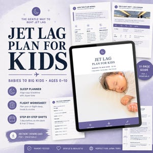 K&ouml;nnte beinhalten: Ein 11-seitiger digitaler Leitfaden mit dem Titel Jet Lag Plan for Kids, der einen Schlafplaner, ein Flugarbeitsblatt und schrittweise Verschiebungen f&uuml;r Kinder von 0-10 Jahren enth&auml;lt, inklusive Tablet mit schlafendem Kind.