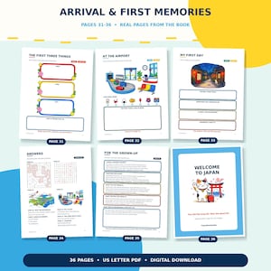 May include: A digital download of a 36-page activity book titled Arrival & First Memories, featuring pages 31-36. The pages include prompts for travel experiences, a maze, word search, and a welcome page with a cat illustration and Mount Fuji.