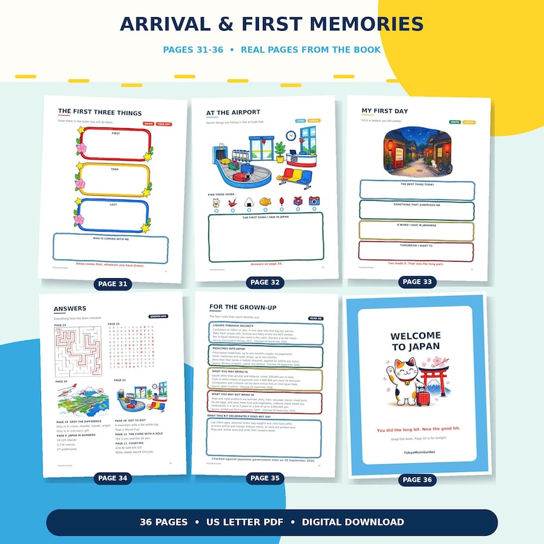 May include: A digital download of a 36-page activity book titled Arrival & First Memories, featuring pages 31-36. The pages include prompts for travel experiences, a maze, word search, and a welcome page with a cat illustration and Mount Fuji.