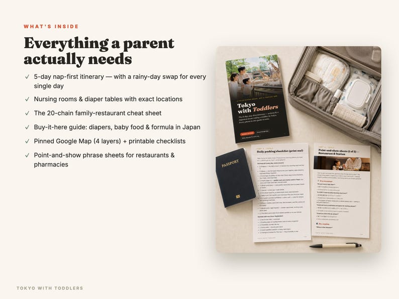 May include: A travel guide titled Tokyo with Toddlers, a dark blue passport, two printed checklists, and a grey organizer bag filled with baby supplies. The text on the guide reads Tokyo with Toddlers, and the checklists include headers like Daily packing checklist and Point-and-show sheets.