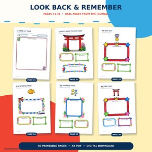 May include: Six printable journal pages labeled 31 through 36, titled LOOK BACK & REMEMBER. Each page features colorful borders, illustrations of torii gates, medals, and stars, with blank spaces for writing and drawing about personal experiences.