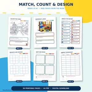 Puede incluir: Seis p&aacute;ginas de un libro de actividades titulado Match, Count & Design, que muestran las p&aacute;ginas 37 a 42. Las p&aacute;ginas incluyen actividades para colorear, ejercicios de escritura, preguntas, juegos de tres en raya, puntos y un torneo Janken.