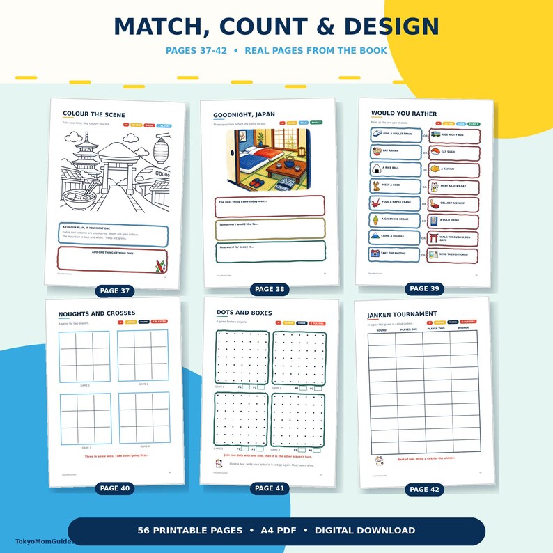 Puede incluir: Seis p&aacute;ginas de un libro de actividades titulado Match, Count & Design, que muestran las p&aacute;ginas 37 a 42. Las p&aacute;ginas incluyen actividades para colorear, ejercicios de escritura, preguntas, juegos de tres en raya, puntos y un torneo Janken.