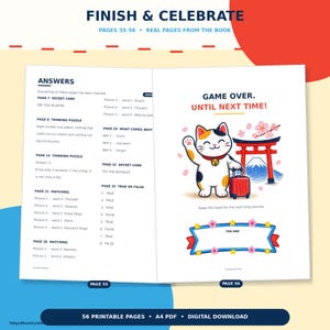 Puede incluir: Dos p&aacute;ginas de libro abiertas tituladas FINISH & CELEBRATE. La p&aacute;gina izquierda enumera respuestas a varios acertijos. La p&aacute;gina derecha muestra un gato de dibujos animados saludando junto a un torii rojo, el monte Fuji y una maleta roja.