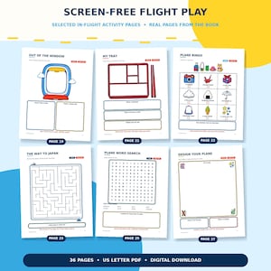 May include: Six activity pages from a screen-free flight play book, including Out of the Window, My Tray, Plane Bingo, The Way to Japan, Plane Word Search, and Design Your Plane. Each page features colourful illustrations, text prompts, and boxes.