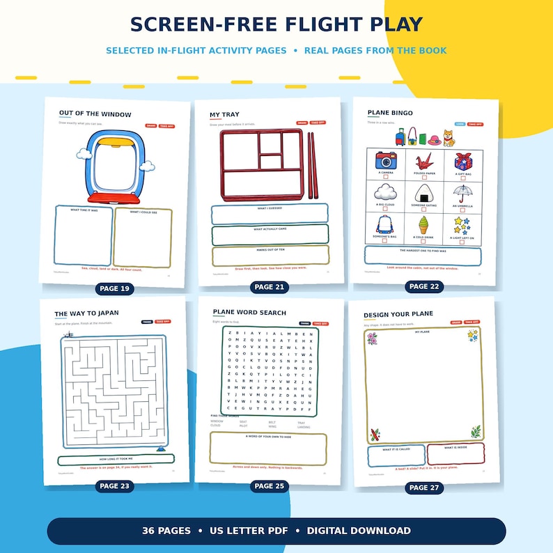 May include: Six activity pages from a screen-free flight play book, including Out of the Window, My Tray, Plane Bingo, The Way to Japan, Plane Word Search, and Design Your Plane. Each page features colourful illustrations, text prompts, and boxes.