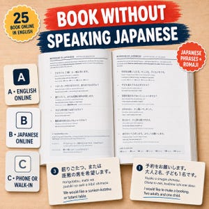 以下が含まれることがあります： BOOK WITHOUT SPEAKING JAPANESEというタイトルの開かれた教本。日本語のフレーズ、ローマ字、英語訳が記載されています。A、B、Cと書かれた3枚の正方形のカードと、予約例が記載された2枚の長方形のカードが含まれています。