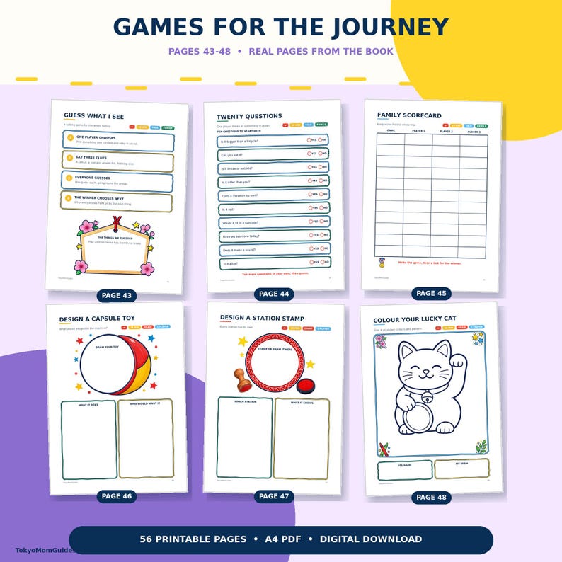 Puede incluir: Seis p&aacute;ginas de actividades imprimibles tituladas Games for the Journey, que incluyen Guess What I See, Twenty Questions, Family Scorecard, Design a Capsule Toy, Design a Station Stamp y Colour Your Lucky Cat, como descarga digital PDF A4.