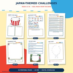 Puede incluir: Seis p&aacute;ginas de actividades tituladas Japan-Themed Challenges, numeradas del 31 al 36. Las p&aacute;ginas incluyen varias tareas, como Invent a New Snack, Restaurant Code, True or False: Japan, Tomorrow's Plan, The Quiet Game y una actividad Dot to Dot.