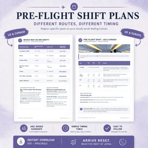 K&ouml;nnte beinhalten: Ein zweiseitiger Informationsleitfaden mit dem Titel PRE-FLIGHT SHIFT PLANS mit violetten &Uuml;berschriften und Text. Er enth&auml;lt Tabellen f&uuml;r Reiseverbindungen in den USA, Kanada, Gro&szlig;britannien und Europa, altersgerechte Anleitungen und Hinweise zur Schlafplanung.