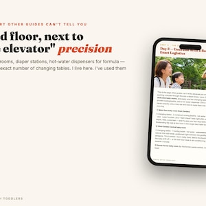 May include: A digital guide titled Tokyo With Toddlers displayed on a smartphone screen. The text highlights precise locations for nursing rooms and diaper stations at Ueno Zoo, featuring a photograph of a person and child near a giraffe.