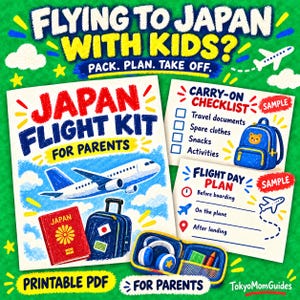 May include: A Japan Flight Kit for parents printable PDF featuring a white aeroplane, a red passport, a blue suitcase, and a blue travel case with headphones. Includes a carry-on checklist and flight day plan with text Flying to Japan with Kids.
