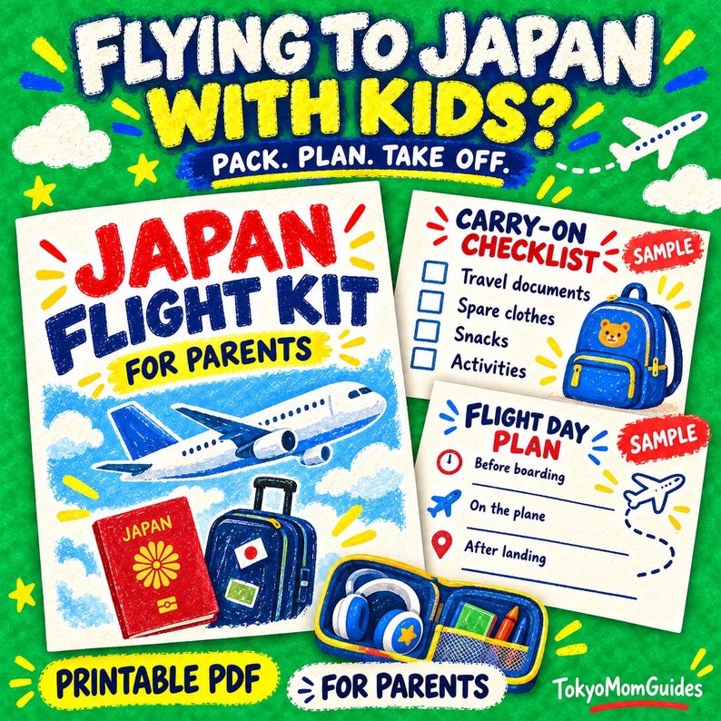 May include: A Japan Flight Kit for parents printable PDF featuring a white aeroplane, a red passport, a blue suitcase, and a blue travel case with headphones. Includes a carry-on checklist and flight day plan with text Flying to Japan with Kids.