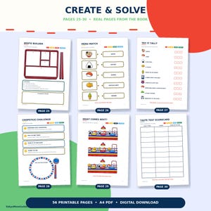 Puede incluir: Seis p&aacute;ginas de actividades de un libro titulado CREATE & SOLVE, que incluyen tareas como Bento Builder, Menu Match, Try It Tally, Chopstick Challenge, What Comes Next y Taste Test Scorecard, con ilustraciones coloridas y texto.
