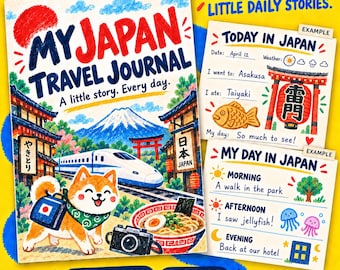 以下が含まれることがあります： 子供向けの印刷可能なPDF旅行日記「My Japan Travel Journal」。柴犬、新幹線、富士山、ラーメンのイラストが描かれています。日付、天気、活動を記入するテキストフィールド付きの日記ページの例が含まれています。
