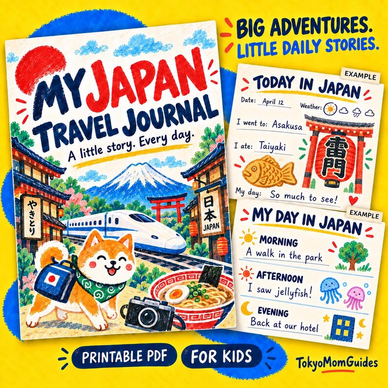 May include: A printable PDF travel journal for kids titled My Japan Travel Journal with illustrations of a Shiba Inu, a bullet train, Mount Fuji, and ramen. Includes example pages for daily entries with text fields for date, weather, and activities.