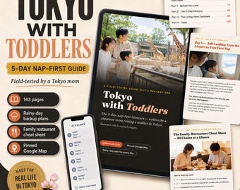以下が含まれることがあります： タブレットとスマートフォンに表示された「Tokyo with Toddlers」というデジタル旅行ガイド。5日間の旅程、143ページ、雨天時の代替案、家族向けレストランのリスト、東京での生活に役立つGoogleマップのピン留め機能が含まれています。