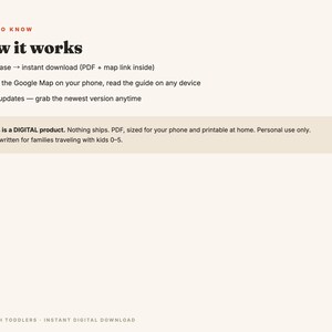 May include: An informational graphic titled Good to Know How it works, detailing a digital product process: 1. Purchase, 2. Open Google Map, 3. Free updates. It notes it is a digital PDF for families with kids 0-5, and includes Tokyo with Toddlers text.